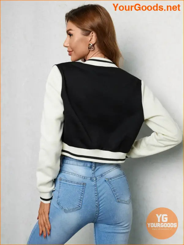 YOURGOODS Letter Patched Crop Varsity Jacket - YourGoods Online Shop