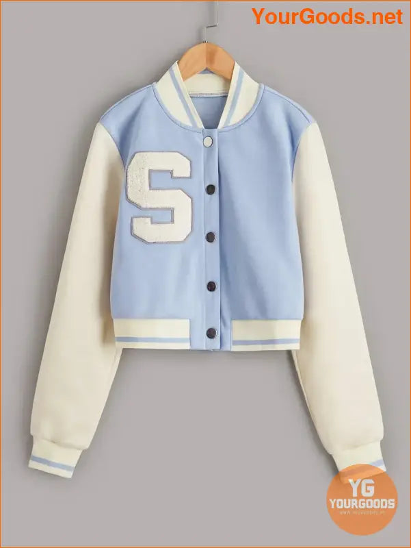 YOURGOODS Letter Patched Crop Varsity Jacket - YourGoods Online Shop