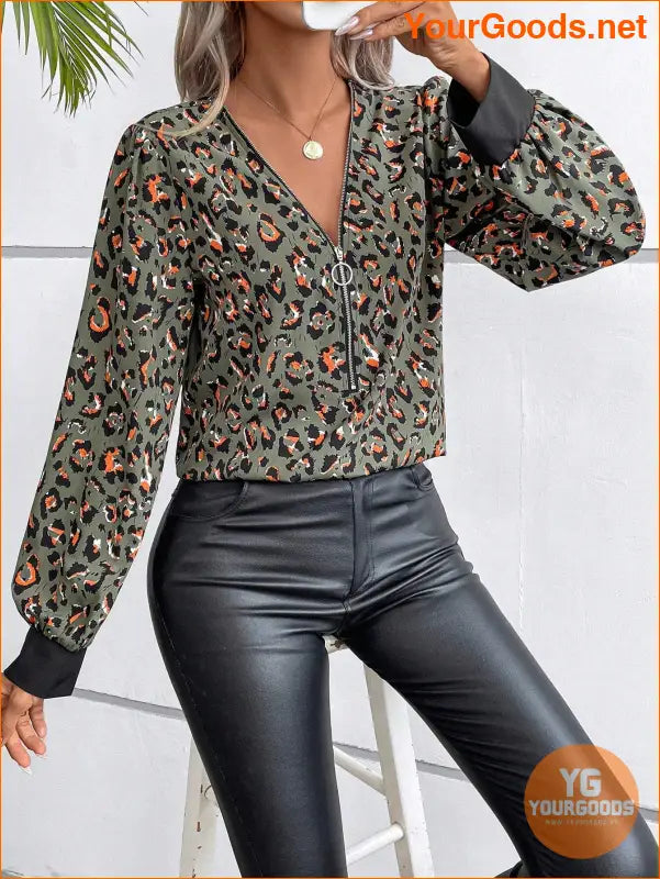 YOURGOODS LUNE Leopard Print Half Zip Blouse - YourGoods Online Shop