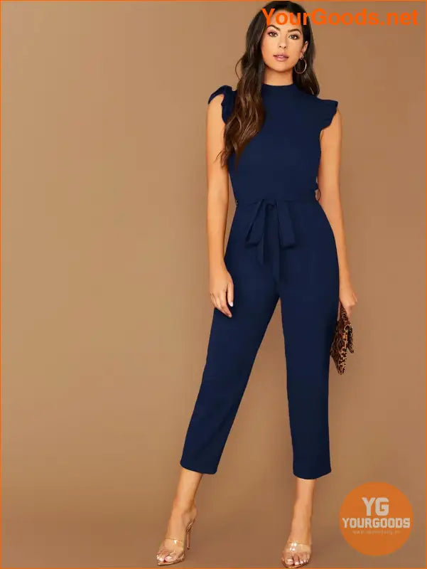 YOURGOODS Mock-Neck Ruffle Cuff Self Belted Jumpsuit - YourGoods Online Shop