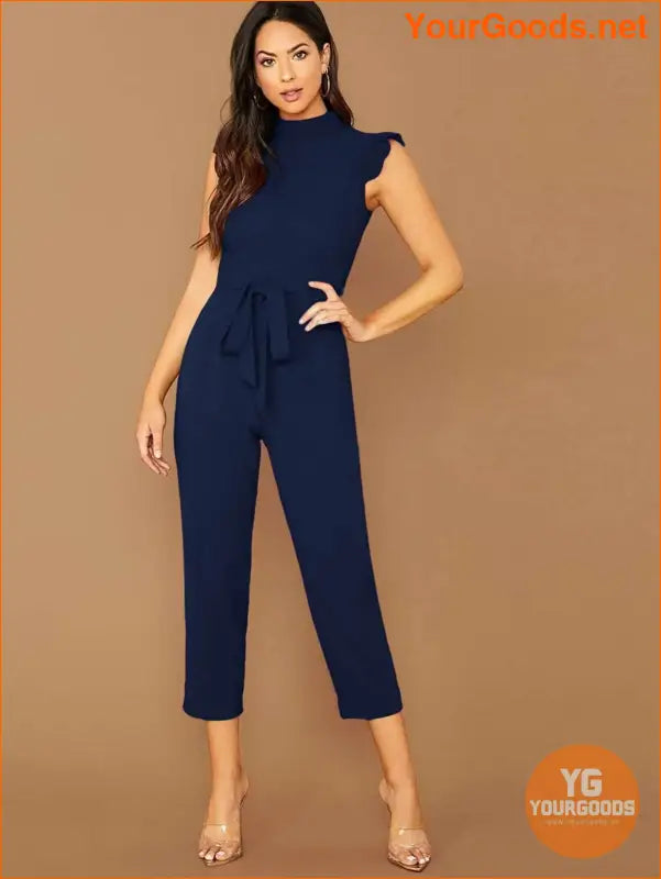 YOURGOODS Mock-Neck Ruffle Cuff Self Belted Jumpsuit - YourGoods Online Shop