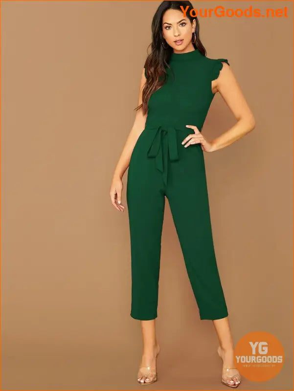 YOURGOODS Mock-Neck Ruffle Cuff Self Belted Jumpsuit - YourGoods Online Shop