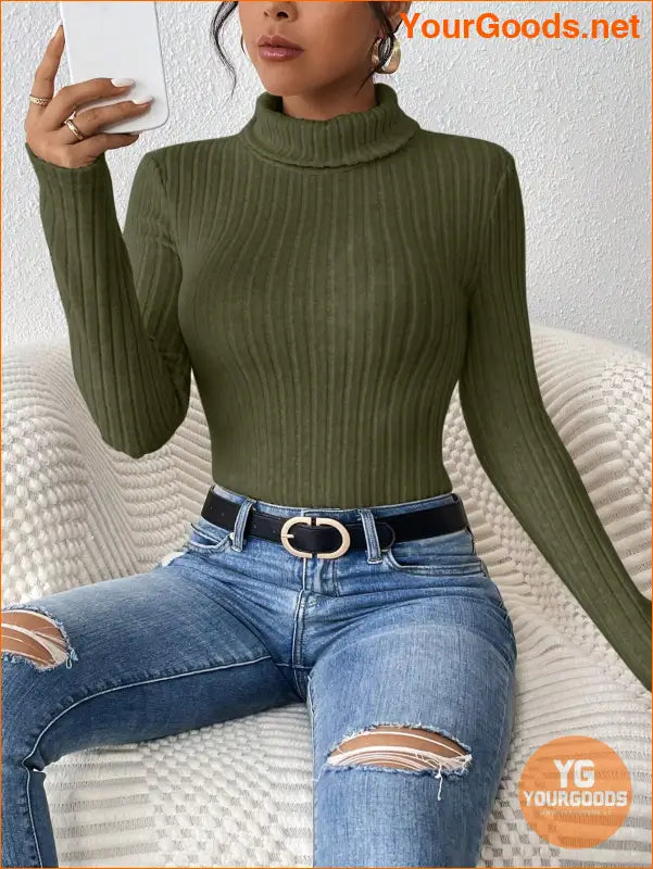 YOURGOODS PETITE Turtleneck Ribbed Knit Spring Women Bodysuit - YourGoods Online Shop