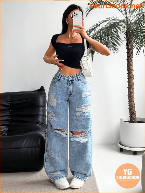 YOURGOODS PETITE Womens Ripped Wide Leg Jeans - YourGoods Online Shop