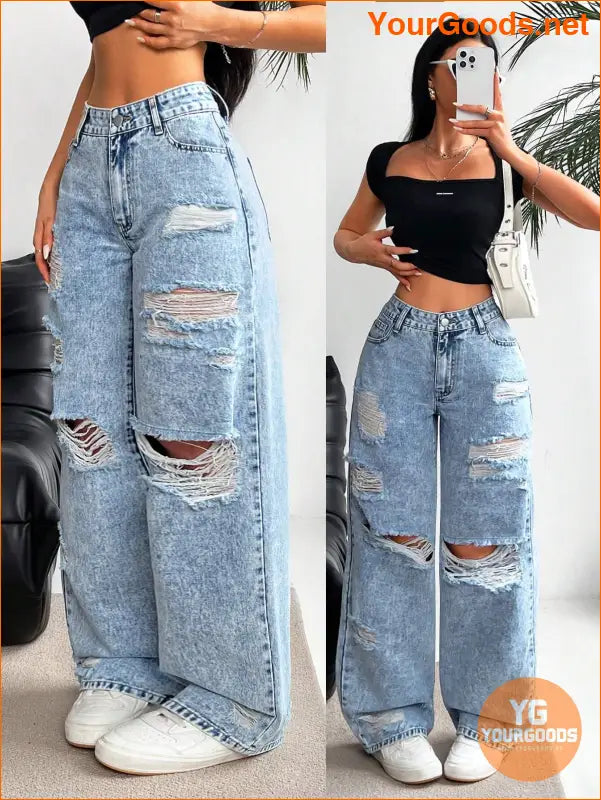 YOURGOODS PETITE Womens Ripped Wide Leg Jeans - YourGoods Online Shop