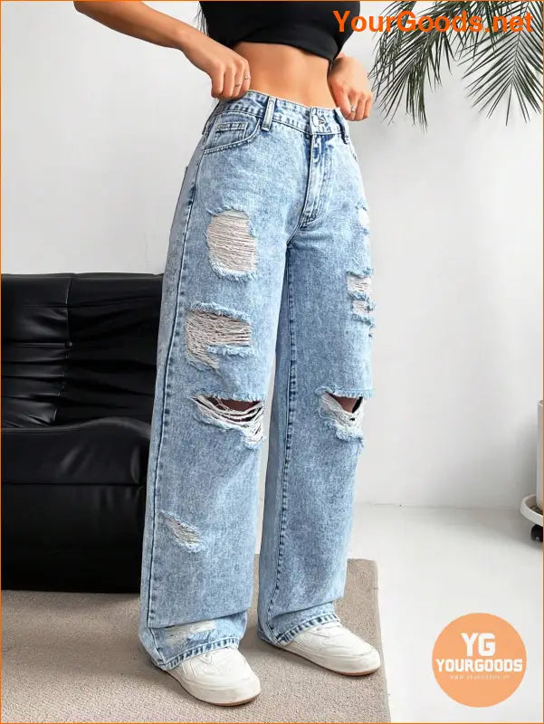 YOURGOODS PETITE Womens Ripped Wide Leg Jeans - YourGoods Online Shop