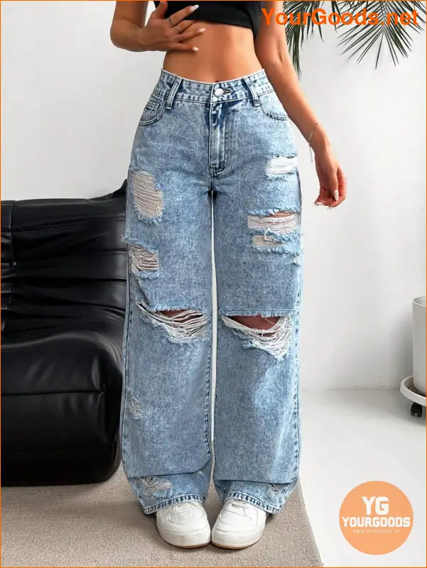 YOURGOODS PETITE Womens Ripped Wide Leg Jeans - YourGoods Online Shop