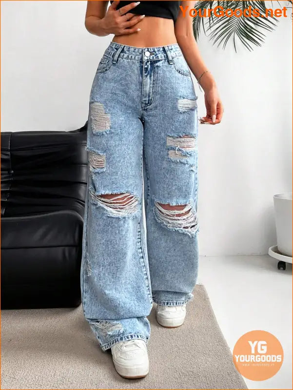 YOURGOODS PETITE Womens Ripped Wide Leg Jeans - YourGoods Online Shop