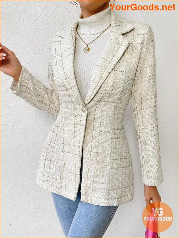 YOURGOODS Plaid Pattern Lapel Neck Single Button Tweed Blazer - YourGoods Online Shop