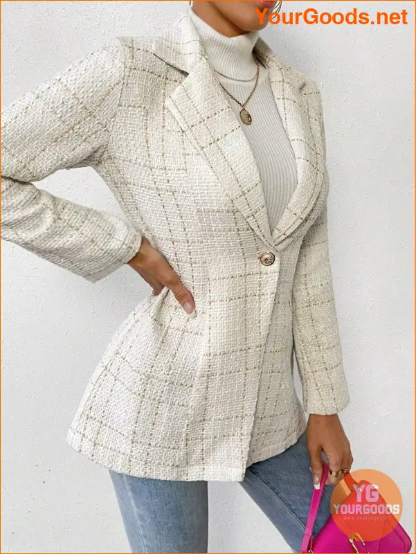 YOURGOODS Plaid Pattern Lapel Neck Single Button Tweed Blazer - YourGoods Online Shop