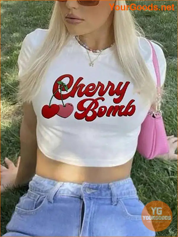 YOURGOODS Qutie Womens Cherry Letter Print Crop Top - YourGoods Online Shop