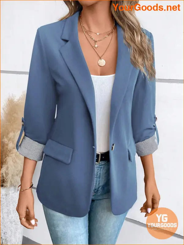 YOURGOODS Roll Tab Sleeve Open Front Blazer - YourGoods Online Shop