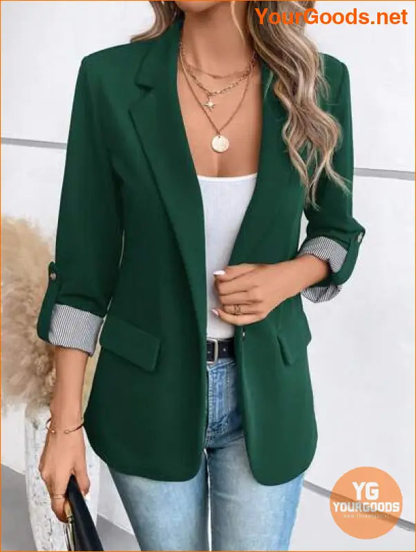 YOURGOODS Roll Tab Sleeve Open Front Blazer - YourGoods Online Shop