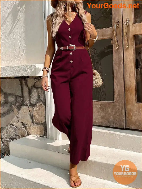 YOURGOODS Solid Button Front Jumpsuit Without Belt - YourGoods Online Shop