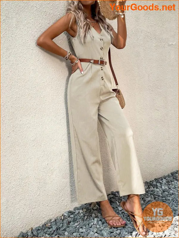 YOURGOODS Solid Button Front Jumpsuit Without Belt - YourGoods Online Shop