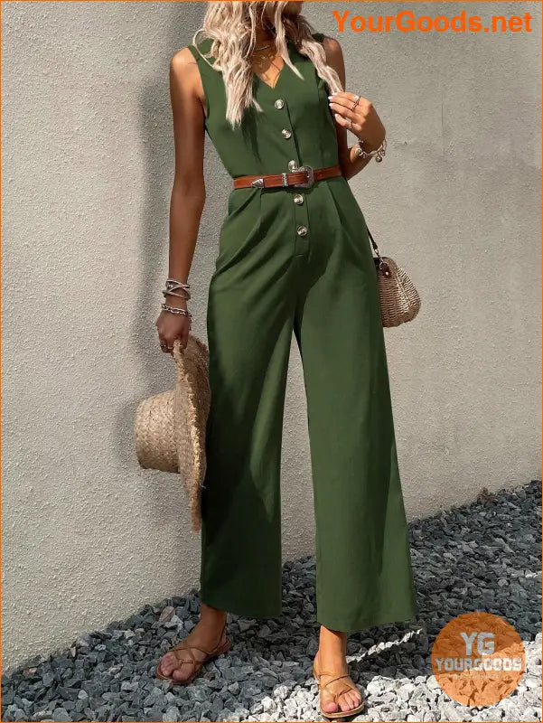 YOURGOODS Solid Button Front Jumpsuit Without Belt - YourGoods Online Shop