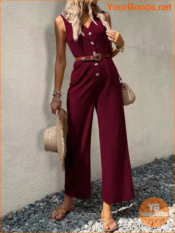 YOURGOODS Solid Button Front Jumpsuit Without Belt - YourGoods Online Shop