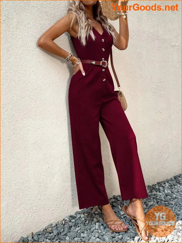 YOURGOODS Solid Button Front Jumpsuit Without Belt - YourGoods Online Shop