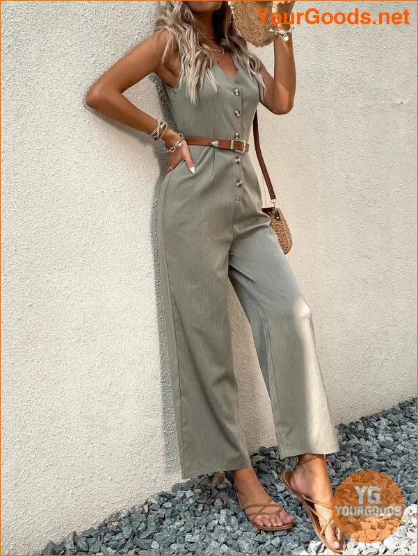 YOURGOODS Solid Button Front Jumpsuit Without Belt - YourGoods Online Shop