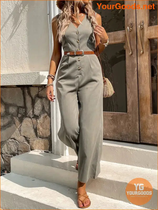 YOURGOODS Solid Button Front Jumpsuit Without Belt - YourGoods Online Shop