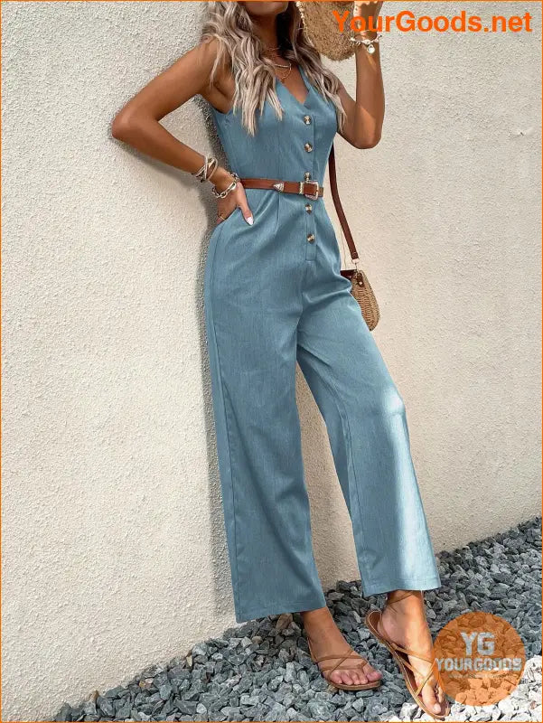 YOURGOODS Solid Button Front Jumpsuit Without Belt - YourGoods Online Shop