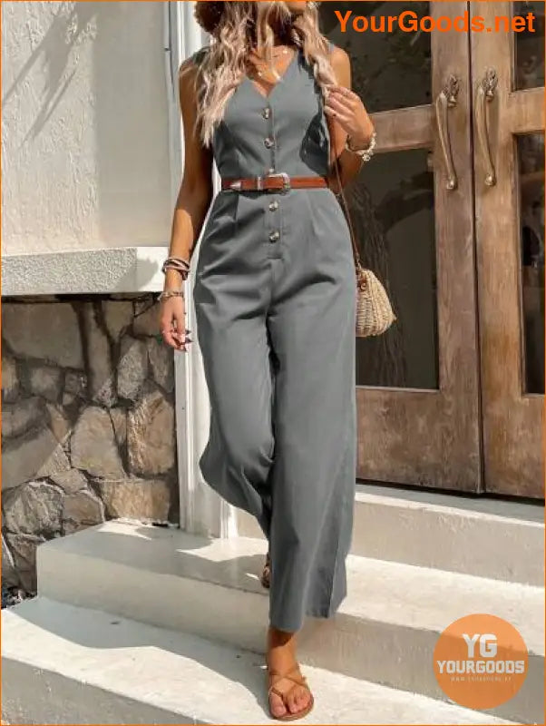 YOURGOODS Solid Button Front Jumpsuit Without Belt - YourGoods Online Shop