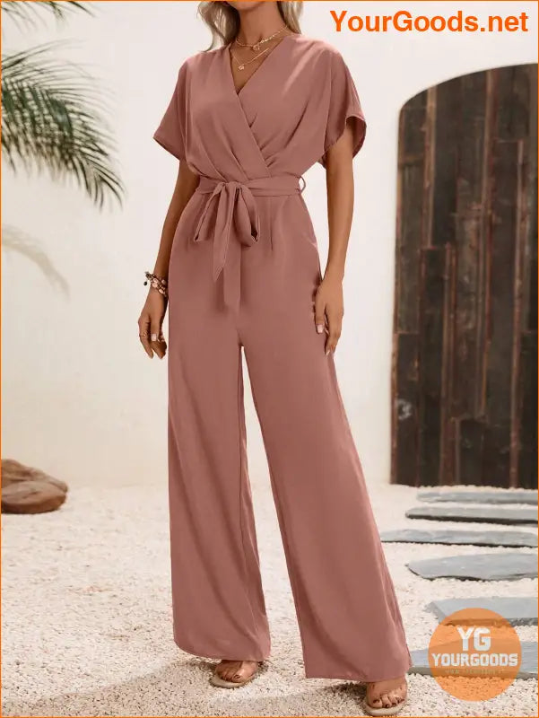 YOURGOODS Solid Surplice Neck Belted Jumpsuit - YourGoods Online Shop