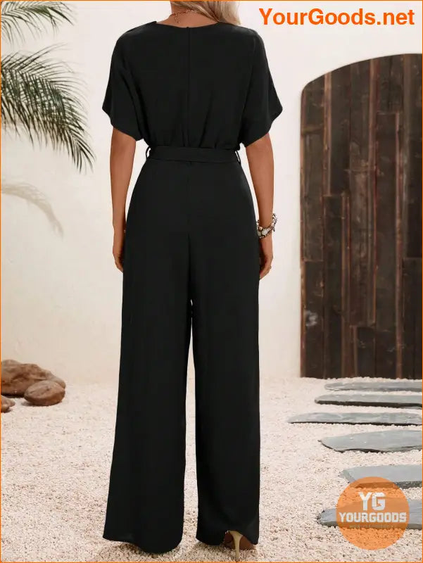 YOURGOODS Solid Surplice Neck Belted Jumpsuit - YourGoods Online Shop