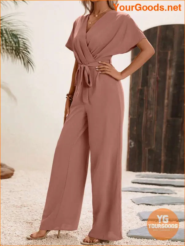 YOURGOODS Solid Surplice Neck Belted Jumpsuit - YourGoods Online Shop