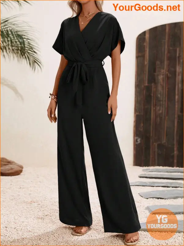 YOURGOODS Solid Surplice Neck Belted Jumpsuit - YourGoods Online Shop