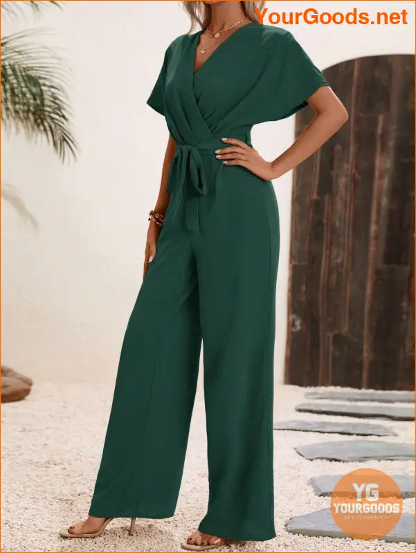 YOURGOODS Solid Surplice Neck Belted Jumpsuit - YourGoods Online Shop