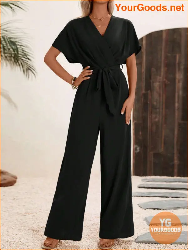 YOURGOODS Solid Surplice Neck Belted Jumpsuit - YourGoods Online Shop