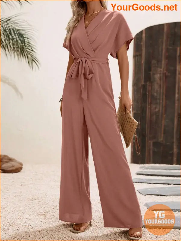 YOURGOODS Solid Surplice Neck Belted Jumpsuit - YourGoods Online Shop