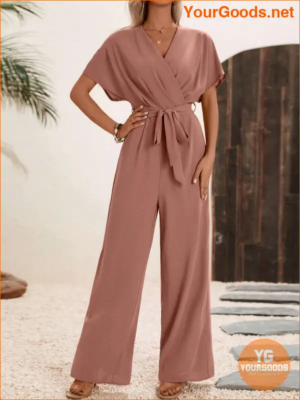 YOURGOODS Solid Surplice Neck Belted Jumpsuit - YourGoods Online Shop