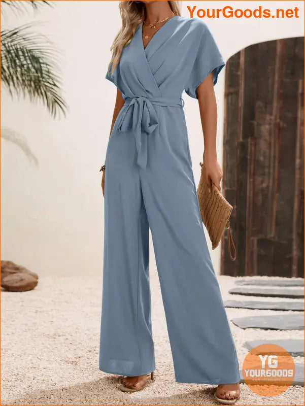 YOURGOODS Solid Surplice Neck Belted Jumpsuit - YourGoods Online Shop