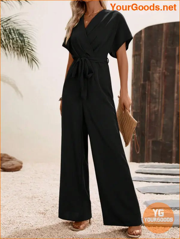 YOURGOODS Solid Surplice Neck Belted Jumpsuit - YourGoods Online Shop