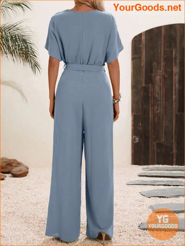 YOURGOODS Solid Surplice Neck Belted Jumpsuit - YourGoods Online Shop