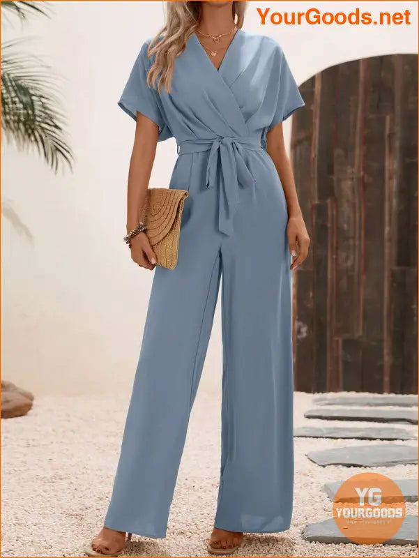 YOURGOODS Solid Surplice Neck Belted Jumpsuit - YourGoods Online Shop