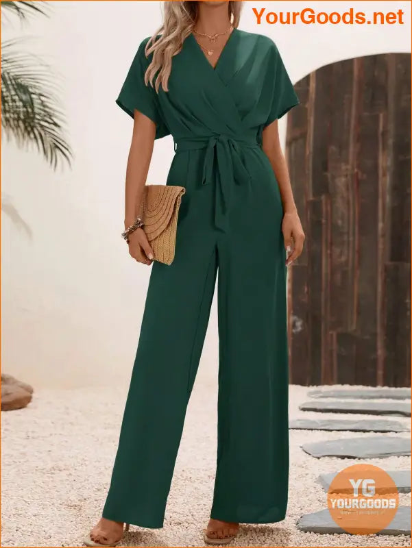 YOURGOODS Solid Surplice Neck Belted Jumpsuit - YourGoods Online Shop