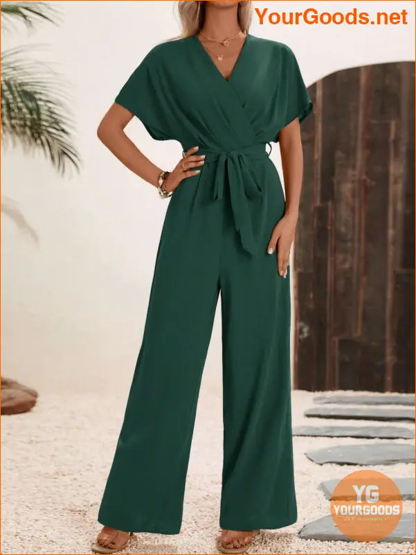 YOURGOODS Solid Surplice Neck Belted Jumpsuit - YourGoods Online Shop