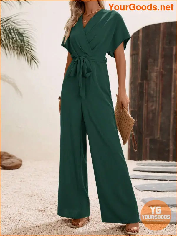 YOURGOODS Solid Surplice Neck Belted Jumpsuit - YourGoods Online Shop