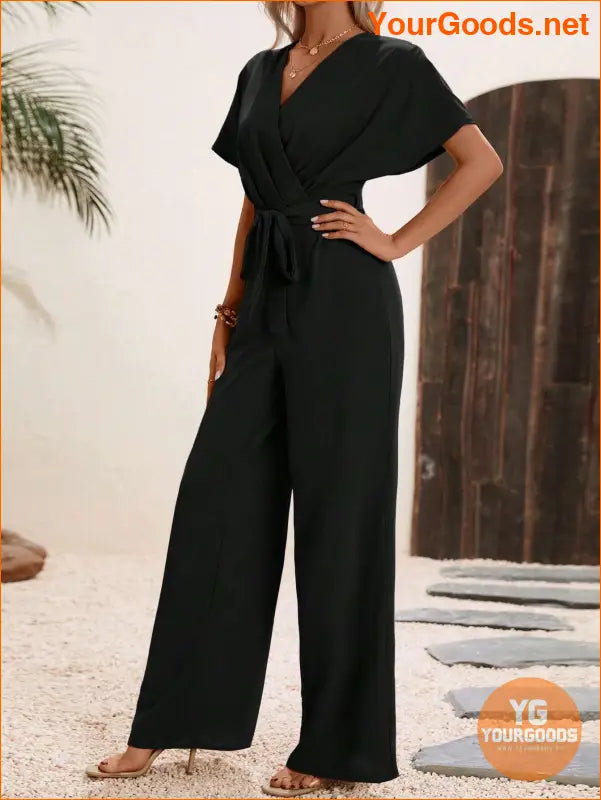 YOURGOODS Solid Surplice Neck Belted Jumpsuit - YourGoods Online Shop