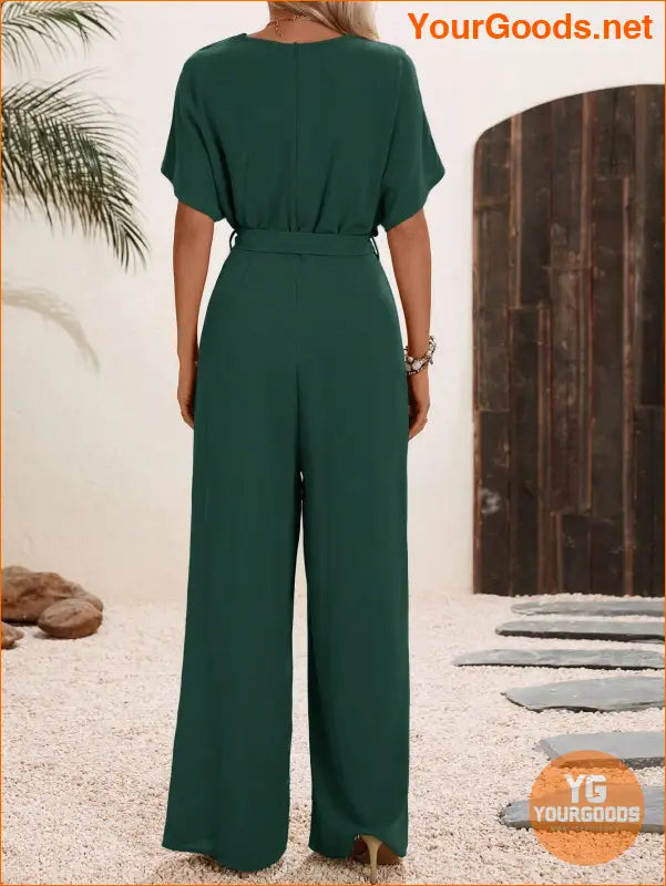 YOURGOODS Solid Surplice Neck Belted Jumpsuit - YourGoods Online Shop