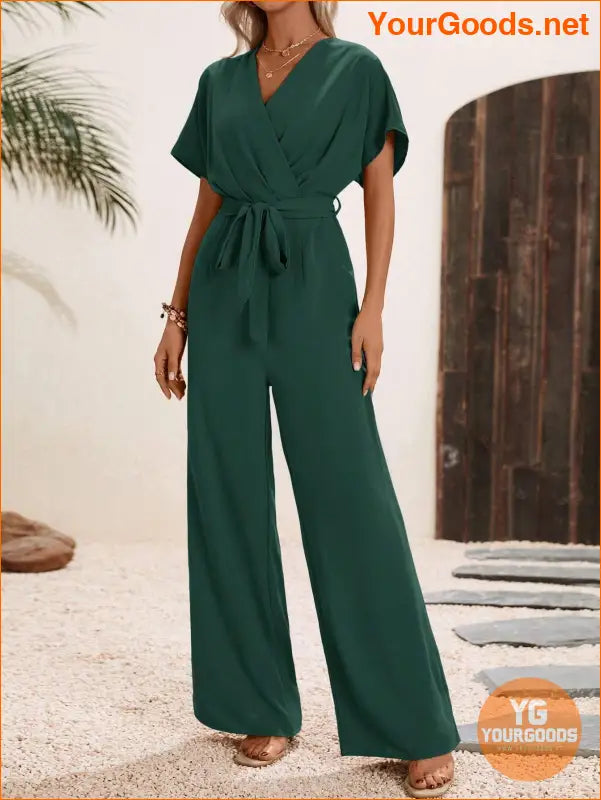 YOURGOODS Solid Surplice Neck Belted Jumpsuit - YourGoods Online Shop