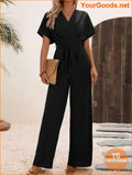 YOURGOODS Solid Surplice Neck Belted Jumpsuit - YourGoods Online Shop