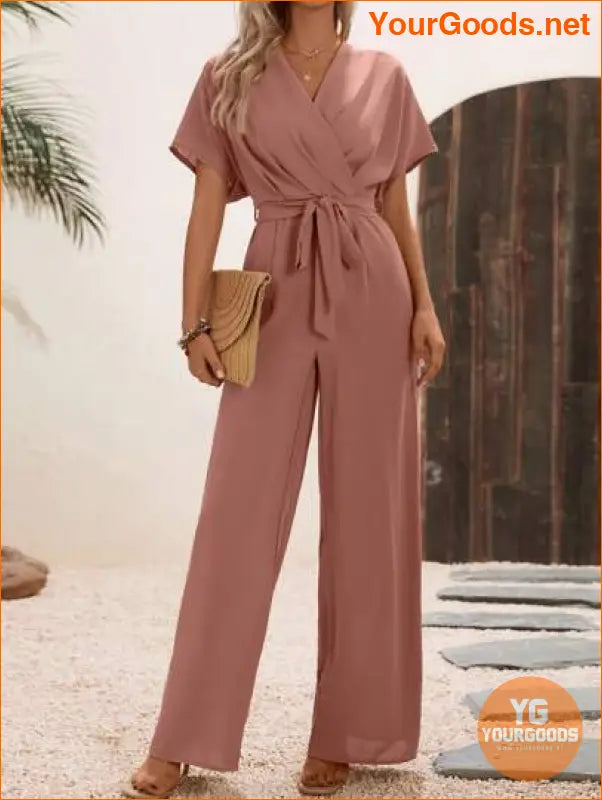 YOURGOODS Solid Surplice Neck Belted Jumpsuit - YourGoods Online Shop