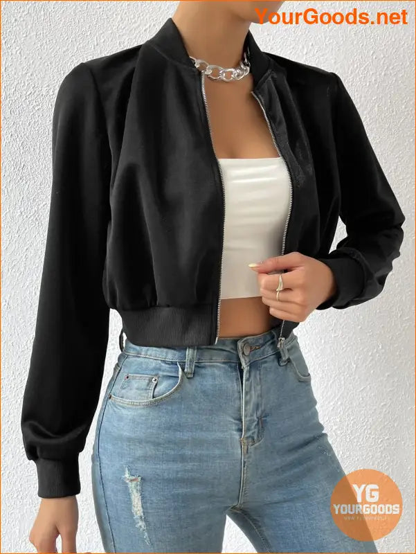 YOURGOODS Spring Clothes Solid Zip Up Crop Bomber Jacket - YourGoods Online Shop