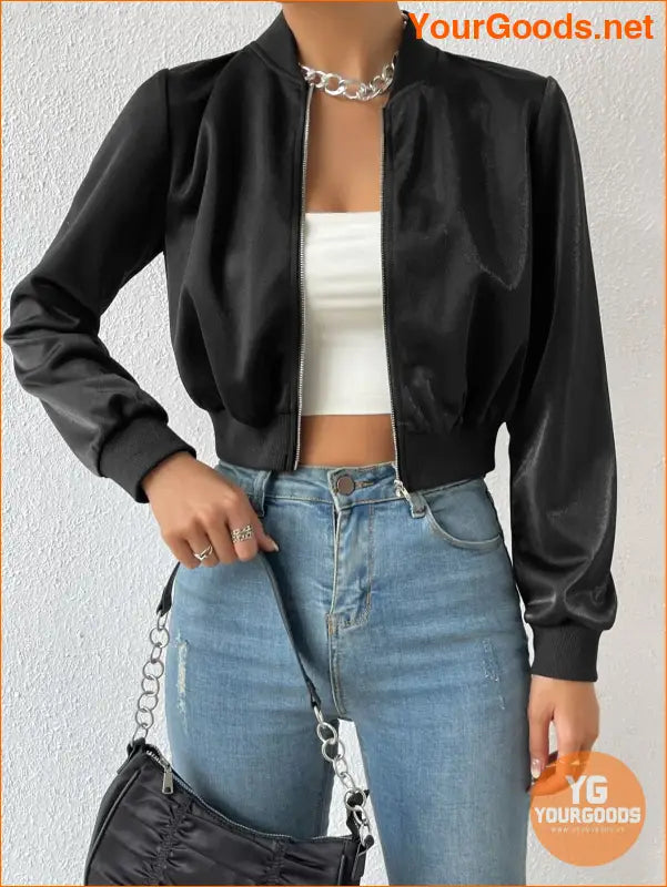 YOURGOODS Spring Clothes Solid Zip Up Crop Bomber Jacket - YourGoods Online Shop