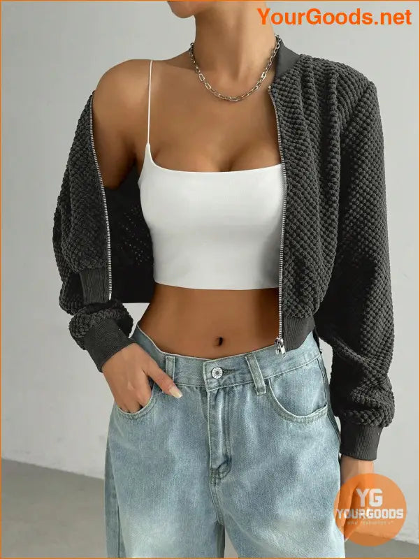 YOURGOODS Spring Clothes Solid Zip Up Crop Bomber Jacket - YourGoods Online Shop