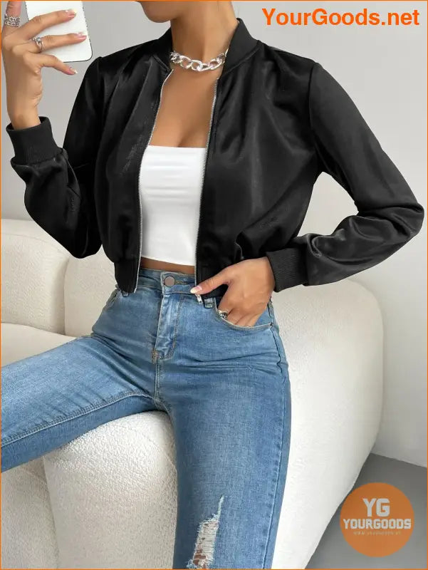 YOURGOODS Spring Clothes Solid Zip Up Crop Bomber Jacket - YourGoods Online Shop